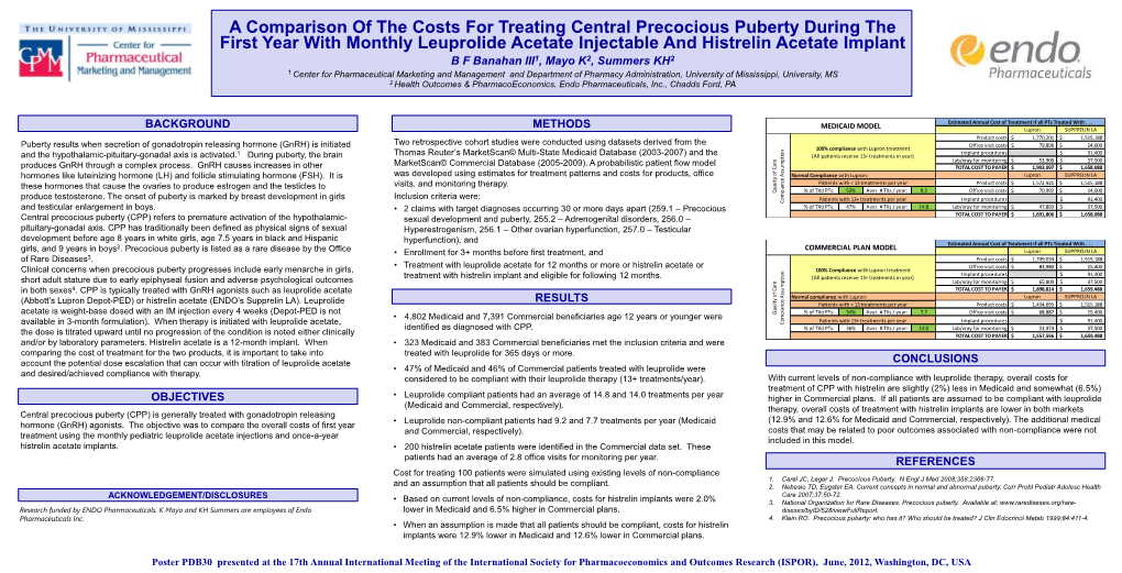 A Comparison of the Costs for Treating Central Precocious Puberty During the First Year with Monthly Leuprolide Acetate Injectable and Histrelin Acetate Implant