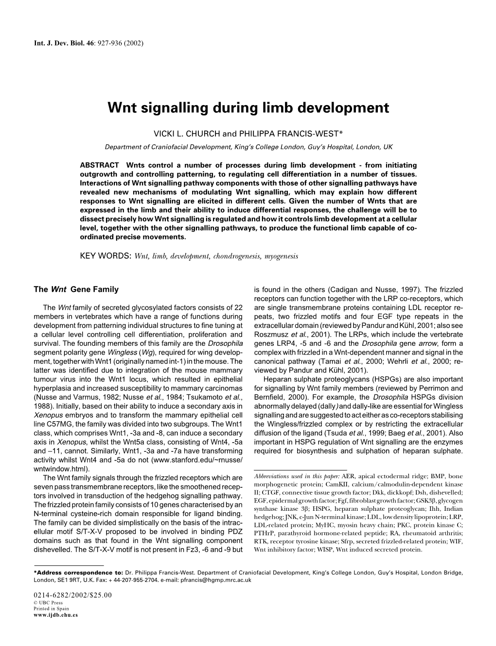 Wnt Signalling During Limb Development