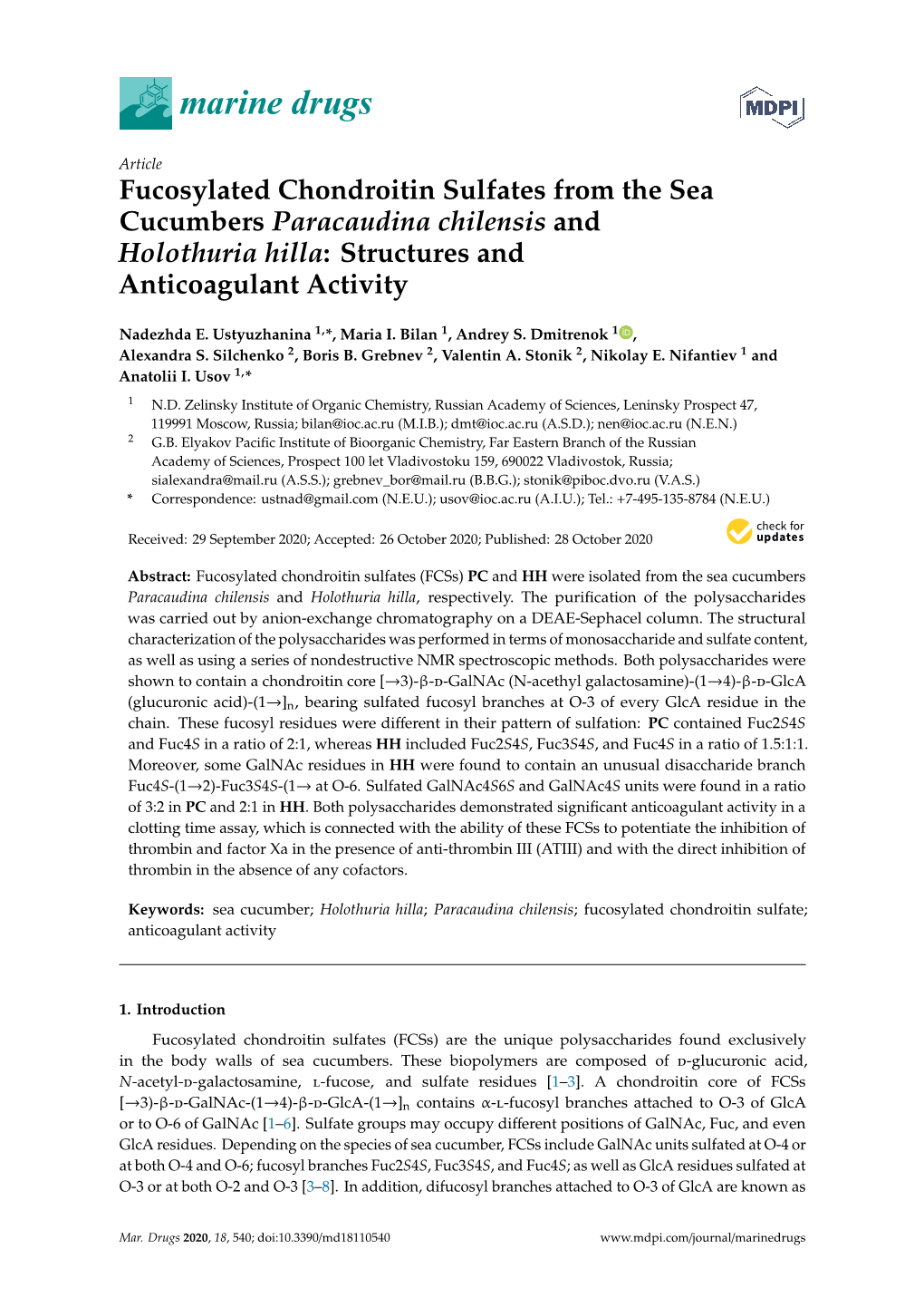 Fucosylated Chondroitin Sulfates from the Sea Cucumbers Paracaudina Chilensis and Holothuria Hilla: Structures and Anticoagulant Activity