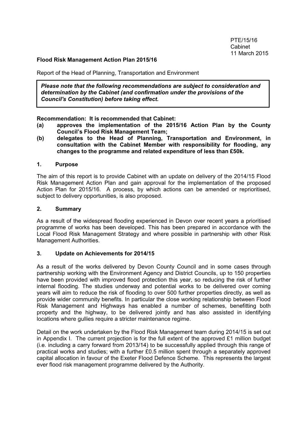 PTE/15/16 Cabinet 11 March 2015 Flood Risk Management Action Plan 2015/16