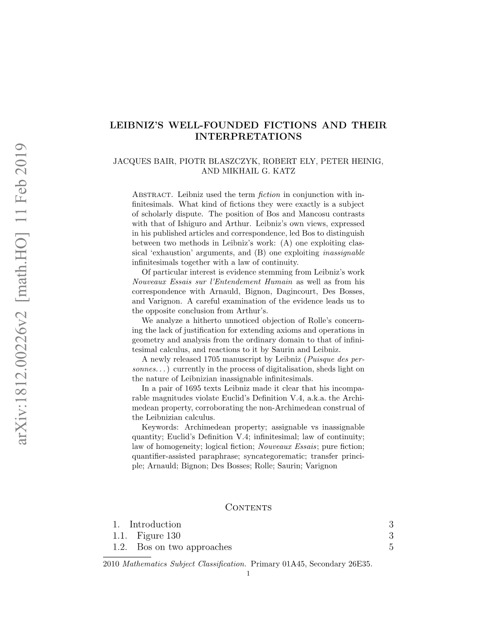 Arxiv:1812.00226V2 [Math.HO] 11 Feb 2019 2010 EBI’ ELFUDDFCIN N THEIR and FICTIONS WELL-FOUNDED LEIBNIZ’S ..Bso W Prahs5 Approaches Two on Bos 130 1.2