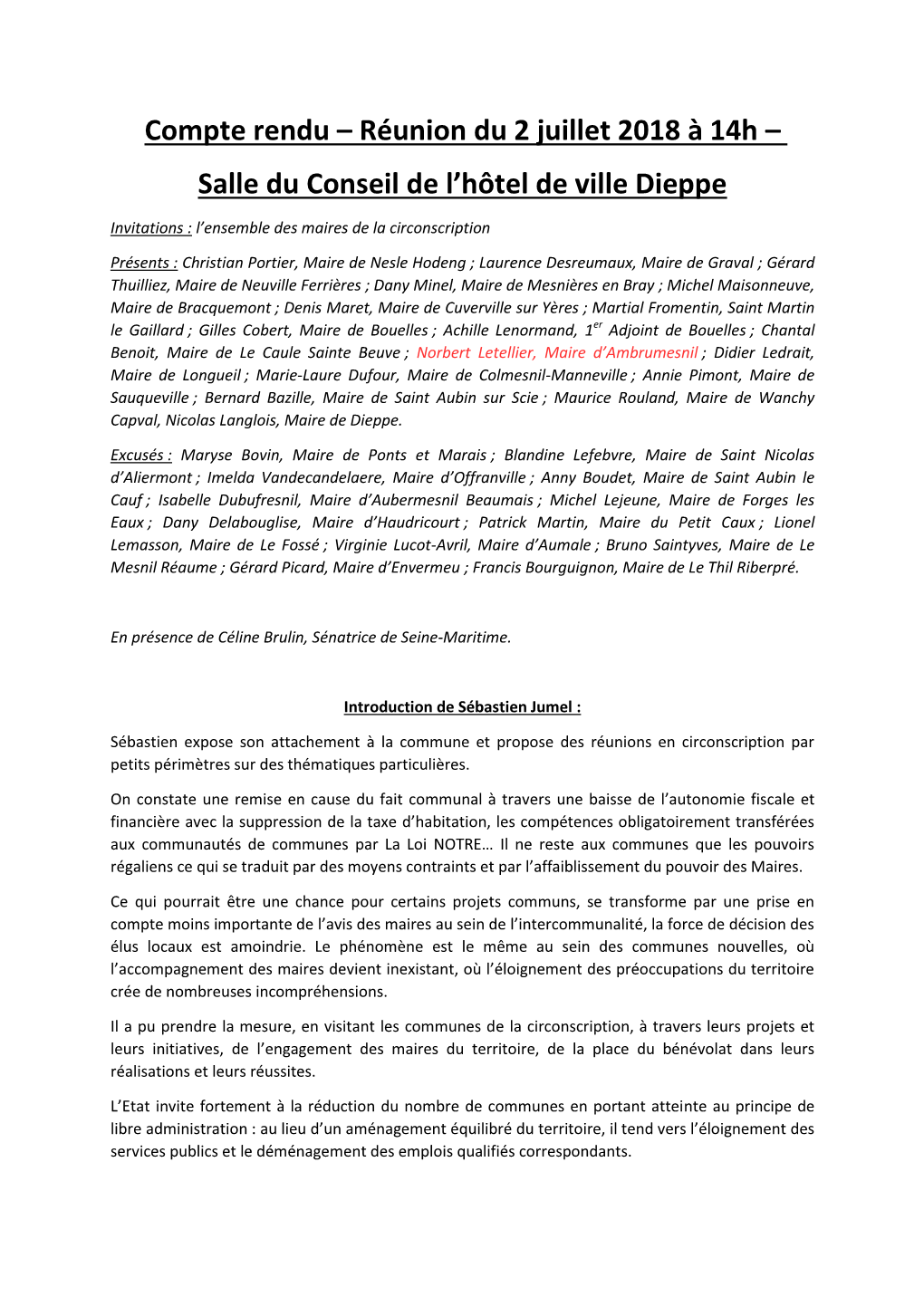 Réunion Du 2 Juillet 2018 À 14H – Salle Du Conseil De L