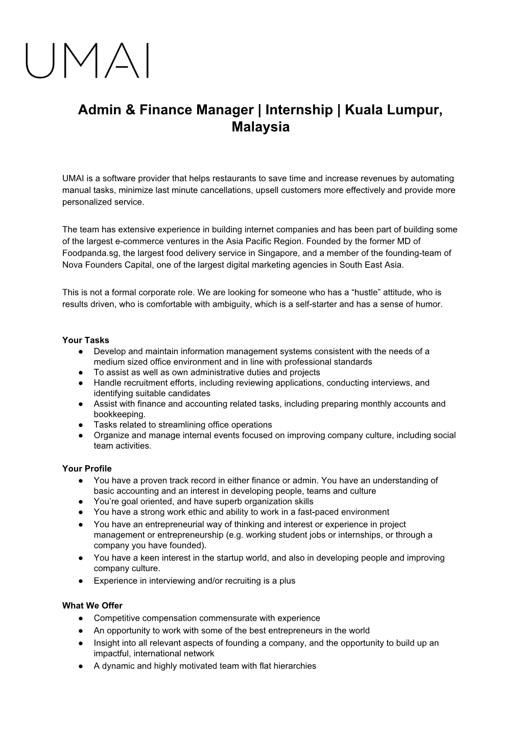 Admin & Finance Manager | Internship | Kuala Lumpur, Malaysia