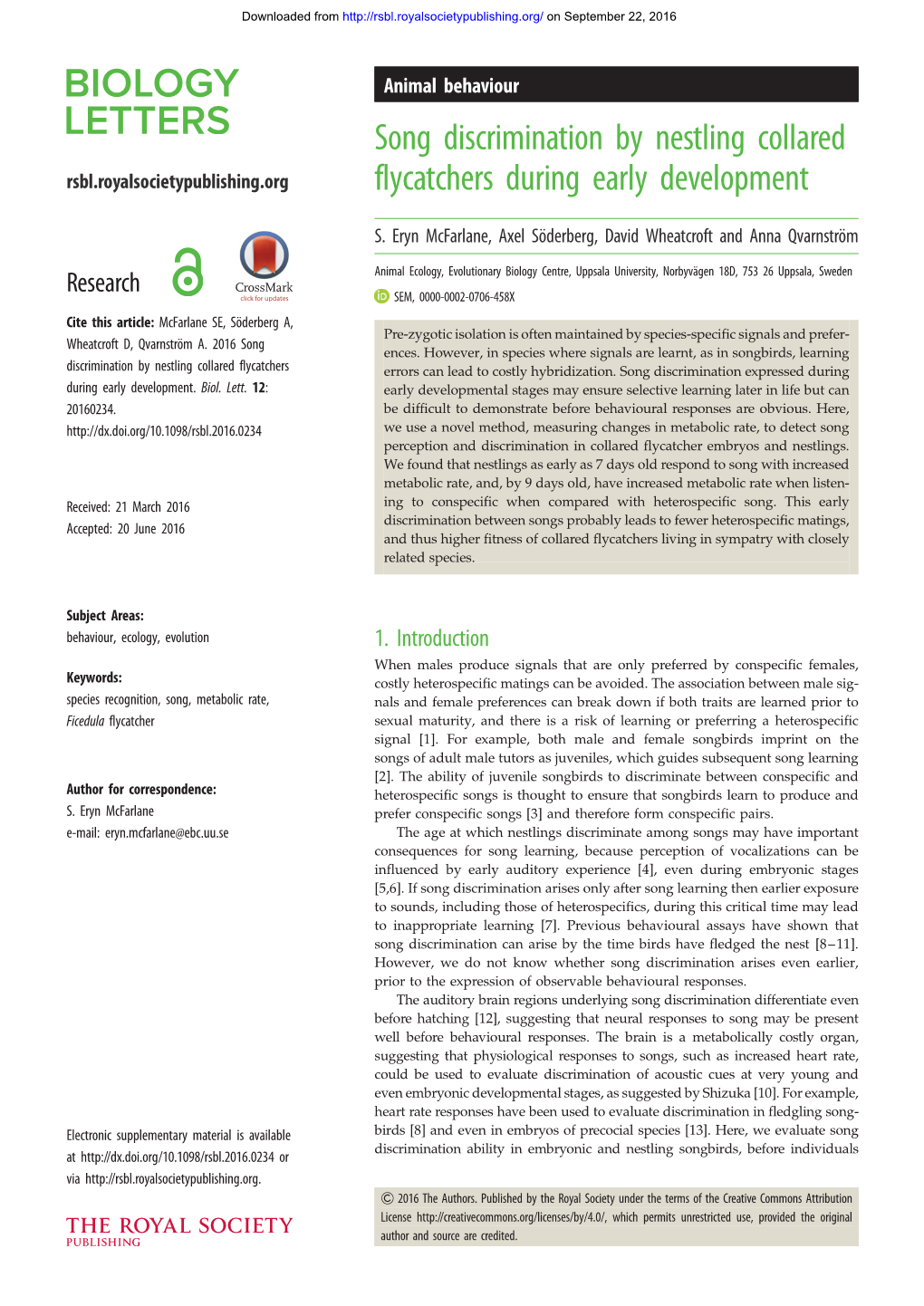 Song Discrimination by Nestling Collared Flycatchers During Early