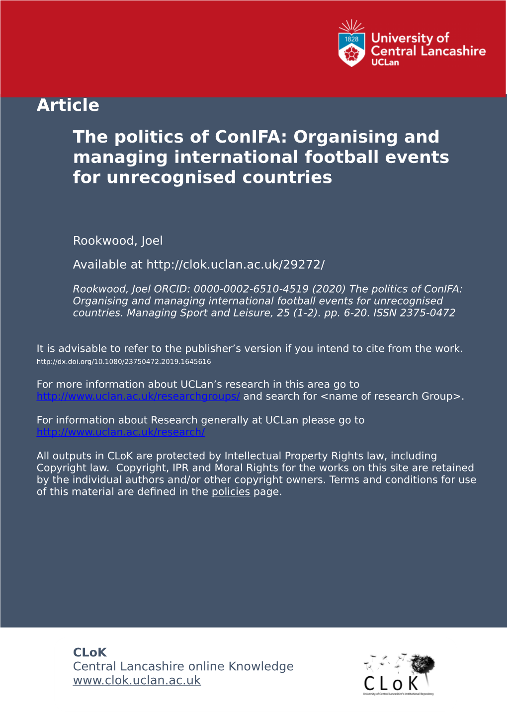 The Politics of Conifa: Organising and Managing International Football Events for Unrecognised Countries