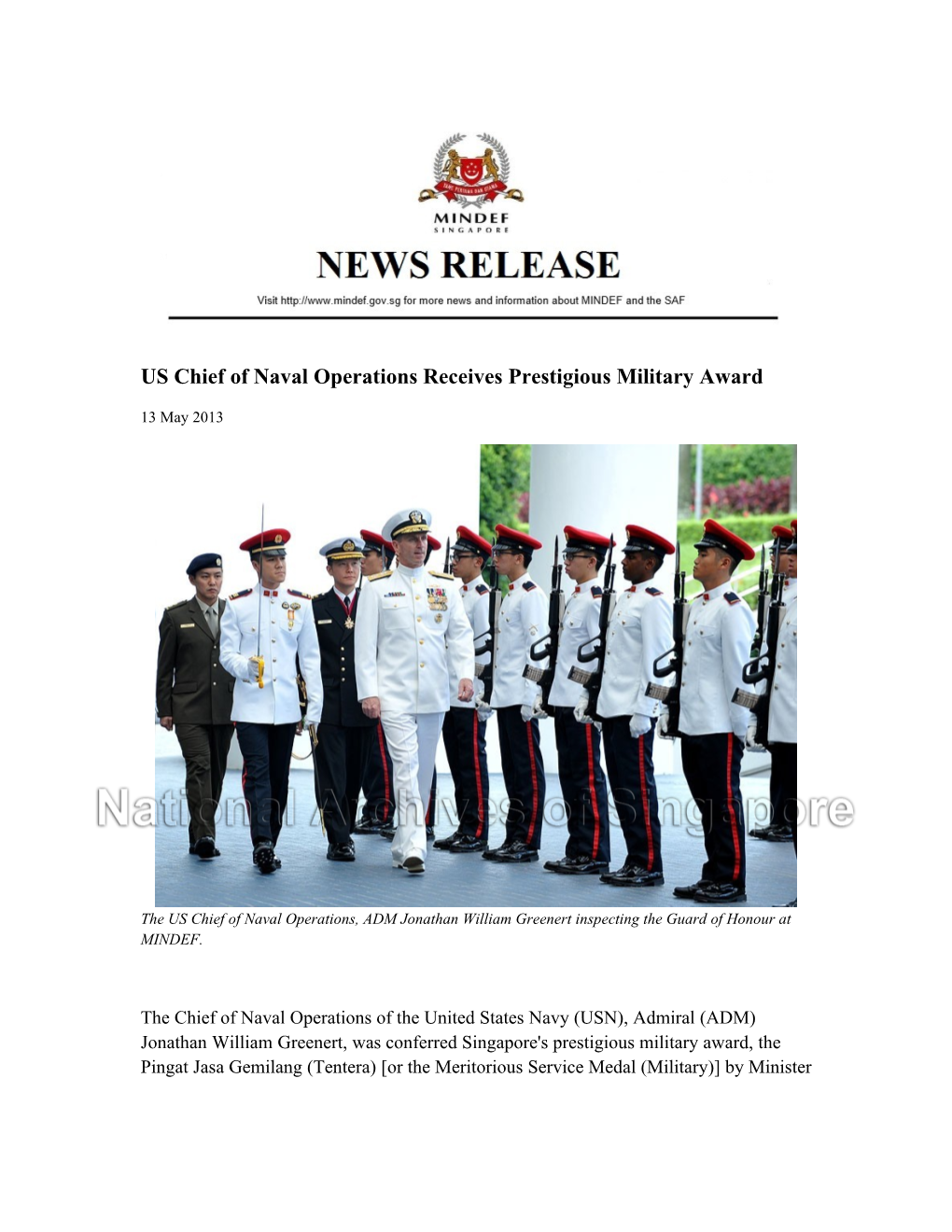 US Chief of Naval Operations Receives Prestigious Military Award