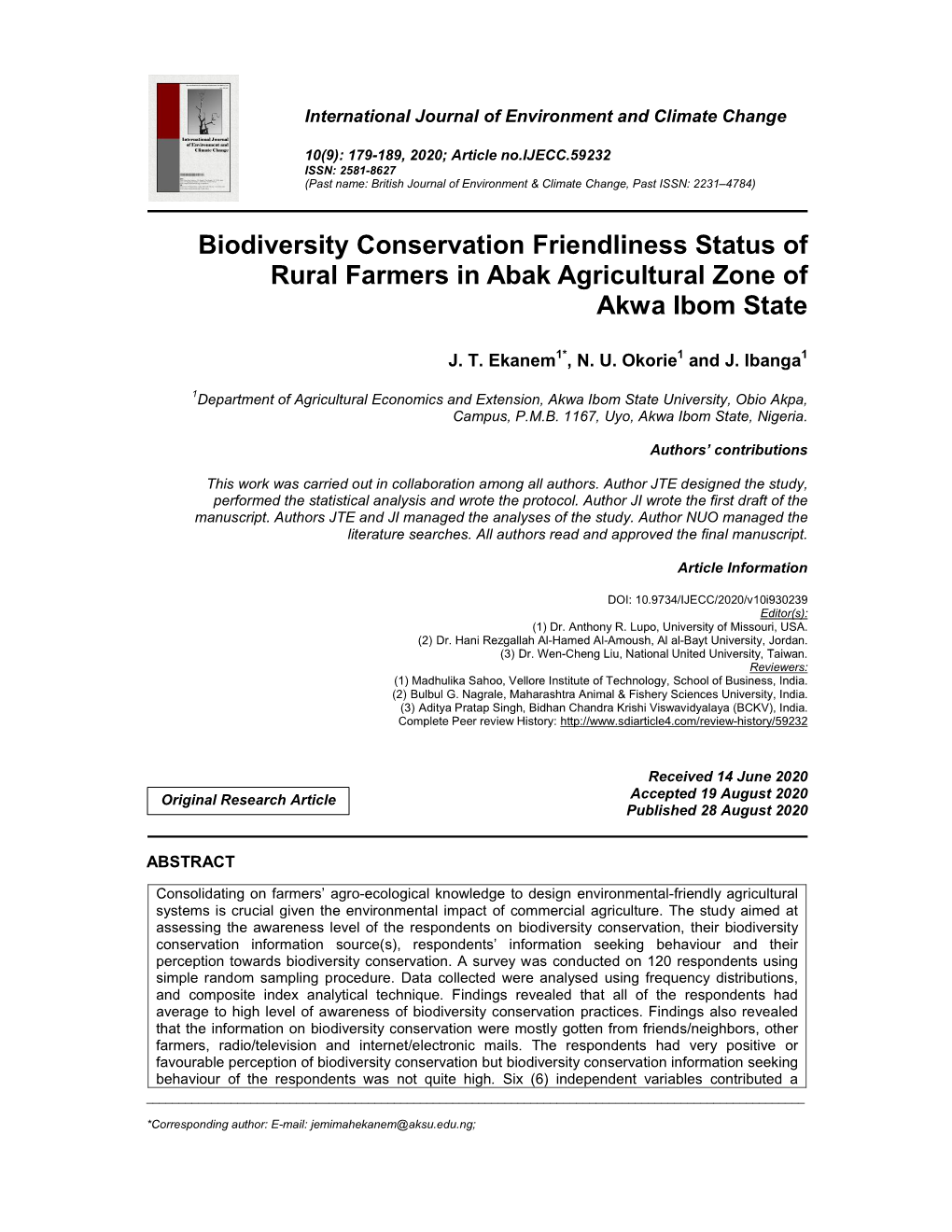 Biodiversity Conservation Friendliness Status of Rural Farmers in Abak Agricultural Zone of Akwa Ibom State