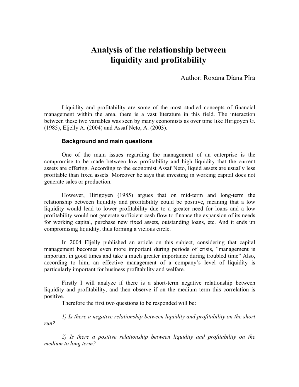 Analysis of the Relationship Between Liquidity and Profitability