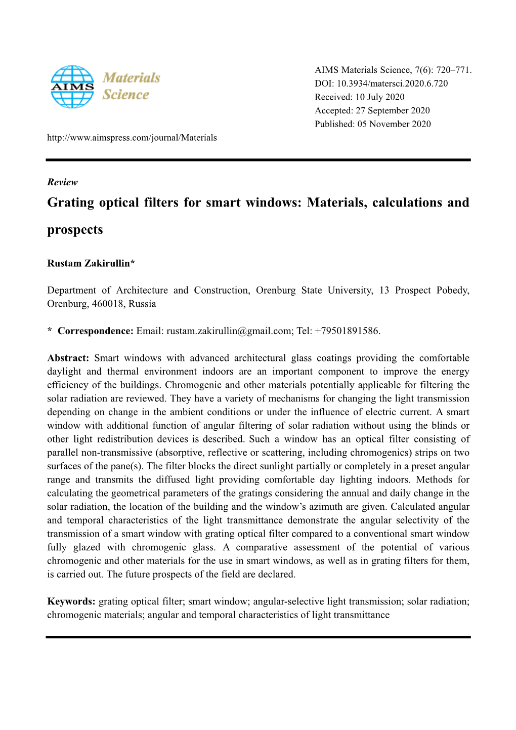Grating Optical Filters for Smart Windows: Materials, Calculations and Prospects