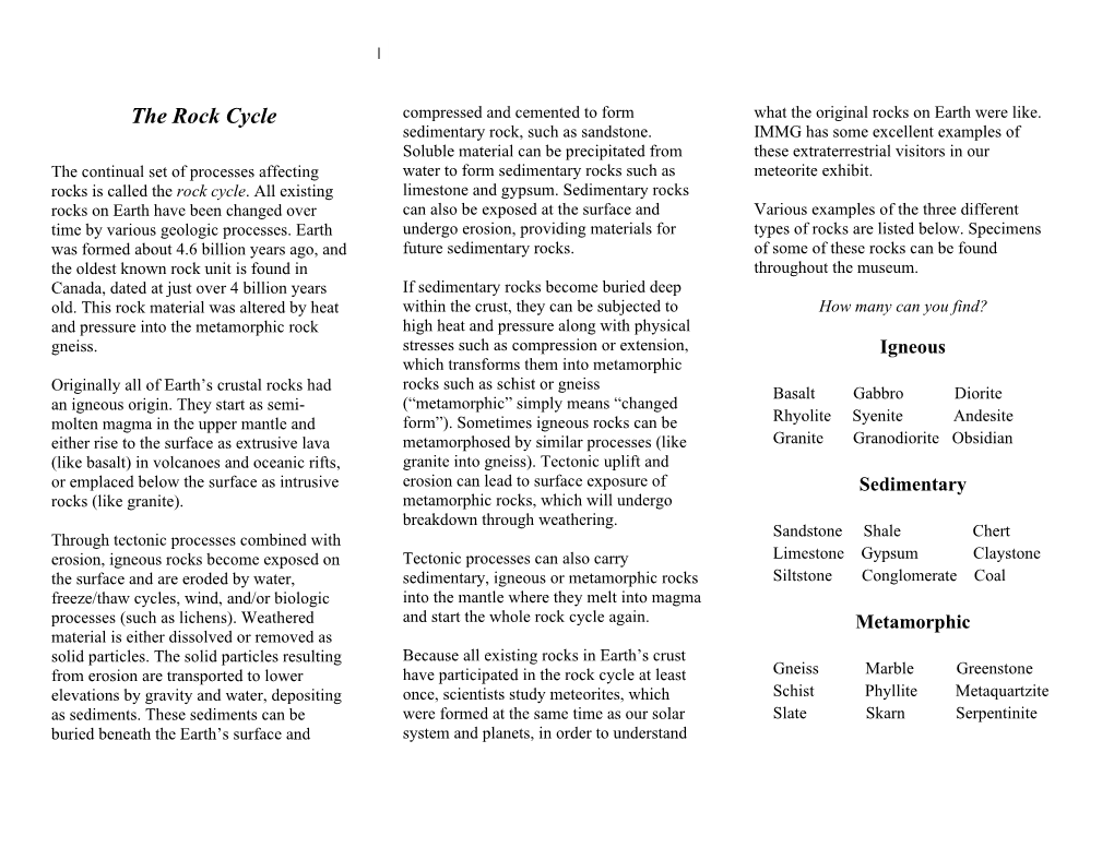 The Rock Cycle Compressed and Cemented to Form What the Original Rocks on Earth Were Like