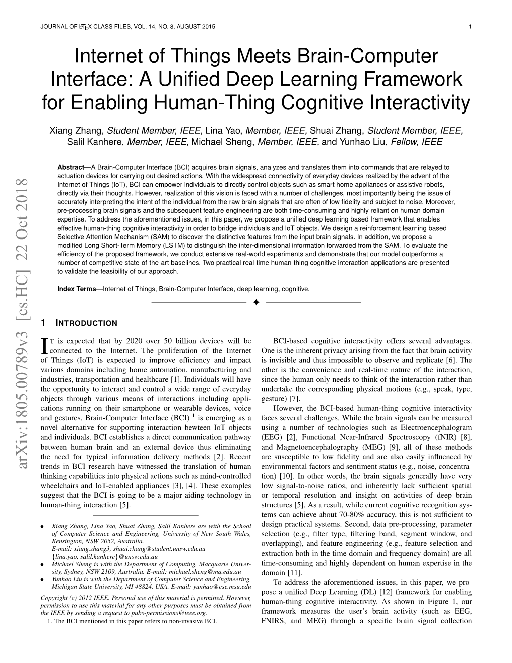 Internet of Things Meets Brain-Computer Interface: a Uniﬁed Deep Learning Framework for Enabling Human-Thing Cognitive Interactivity