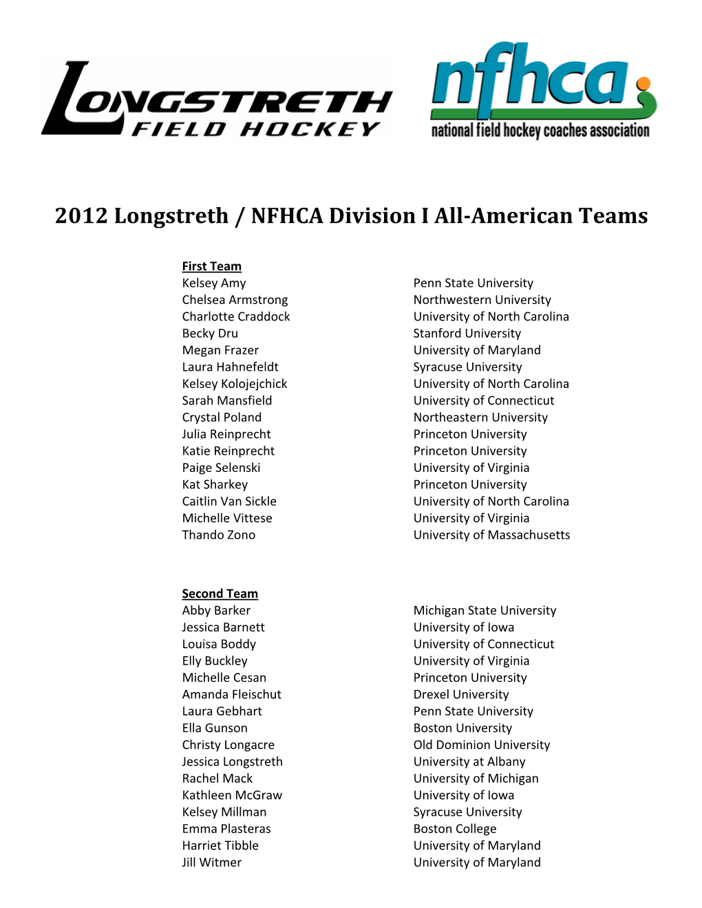 2012 Longstreth / NFHCA Division I All-American Teams