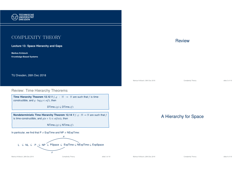 COMPLEXITY THEORY Review Lecture 13: Space Hierarchy and Gaps