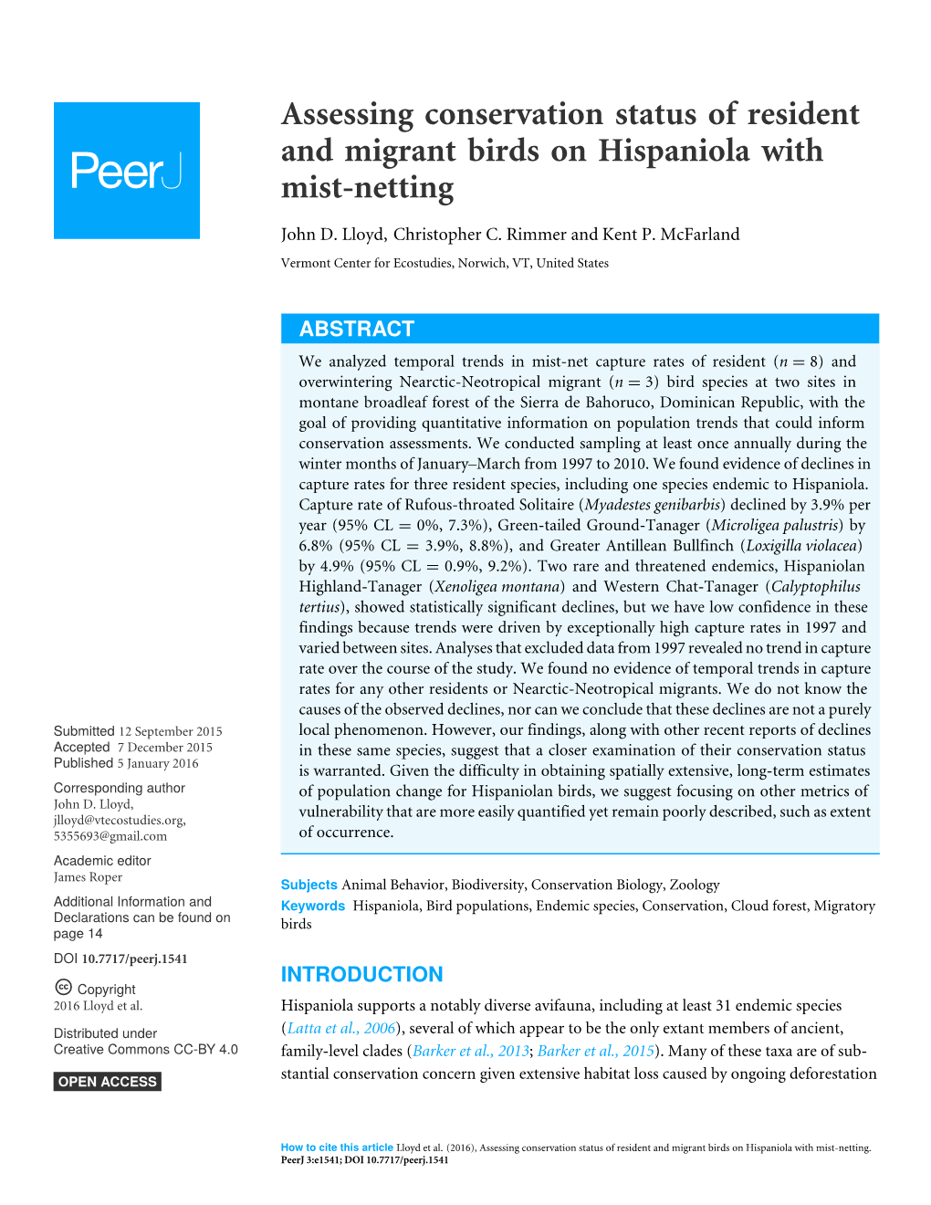 Assessing Conservation Status of Resident and Migrant Birds on Hispaniola with Mist-Netting