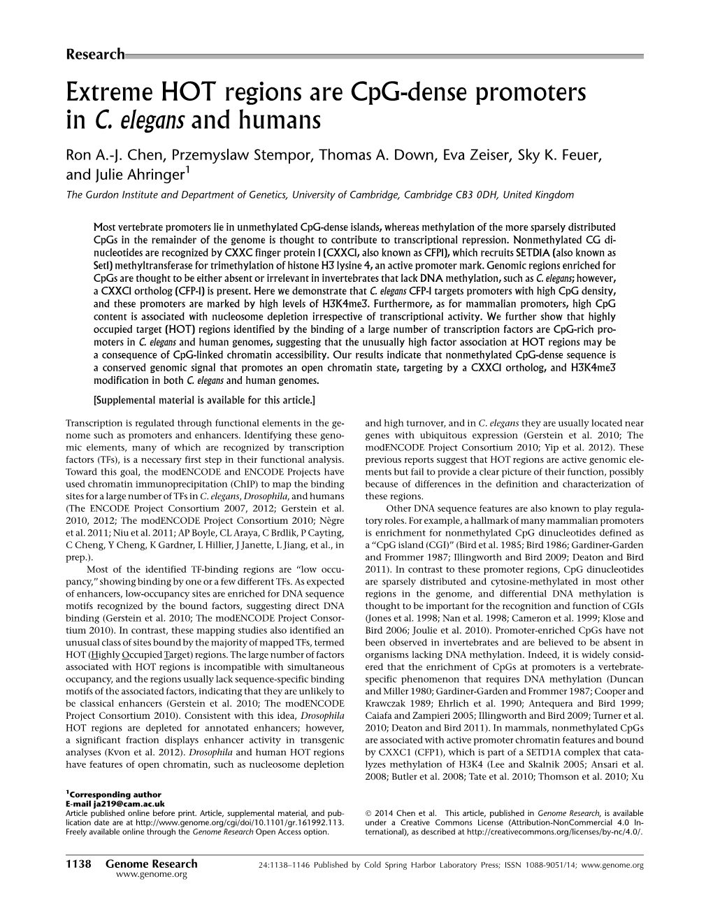 Extreme HOT Regions Are Cpg-Dense Promoters in C. Elegans and Humans