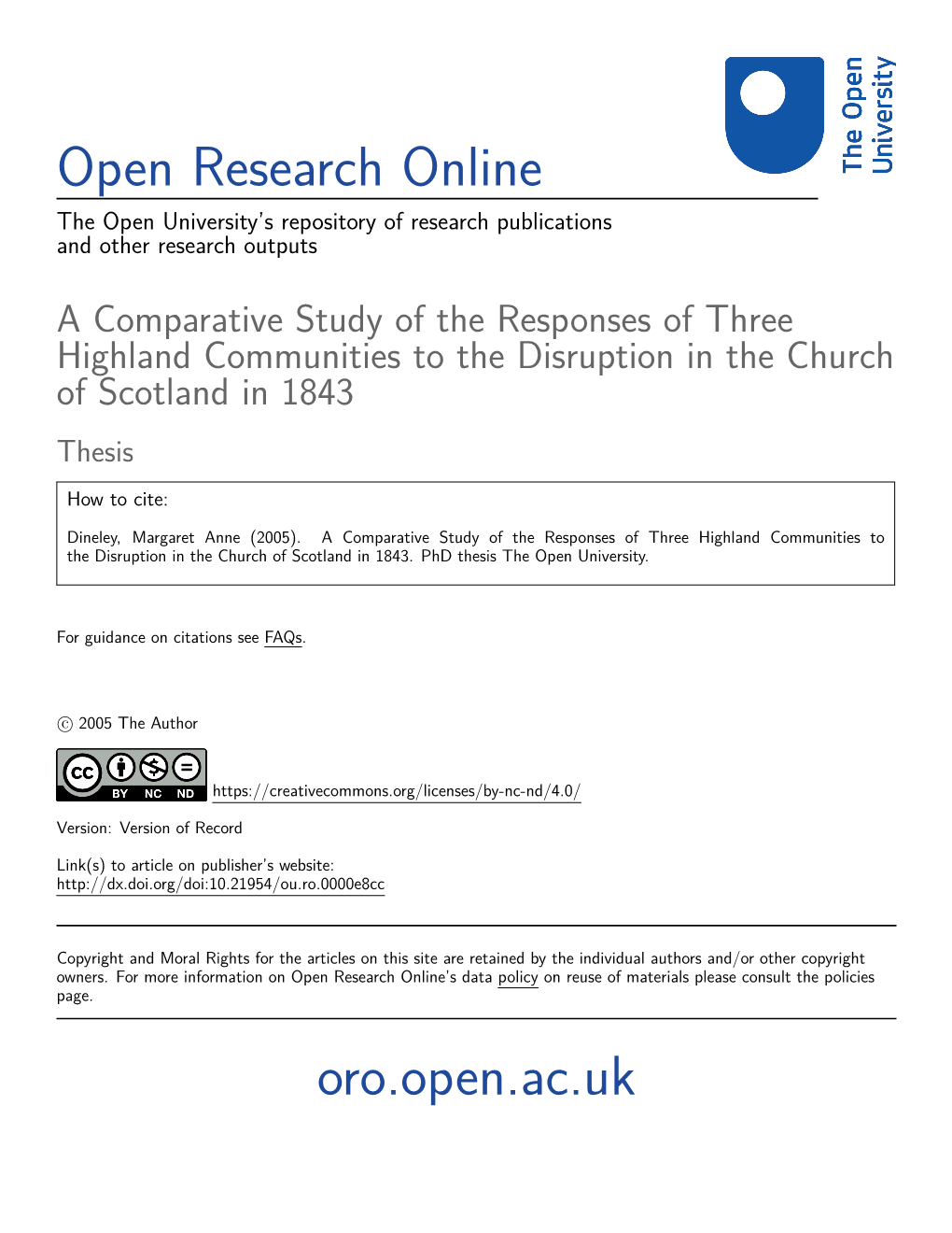 A Comparative Study of the Responses of Three Highland Communities to the Disruption in the Church of Scotland in 1843 Thesis