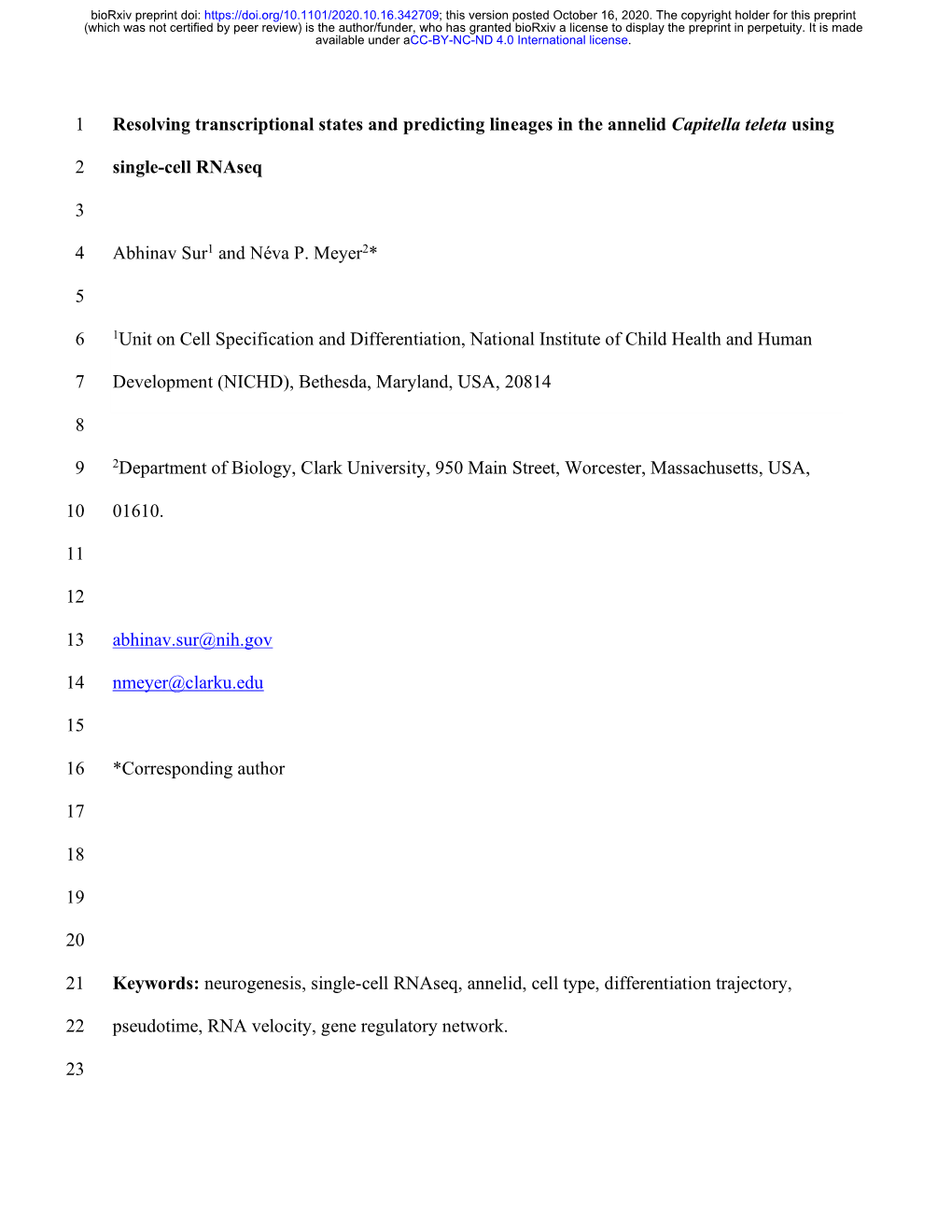 Resolving Transcriptional States and Predicting Lineages in the Annelid Capitella Teleta Using 1 Single-Cell Rnaseq 2 3 Abhinav