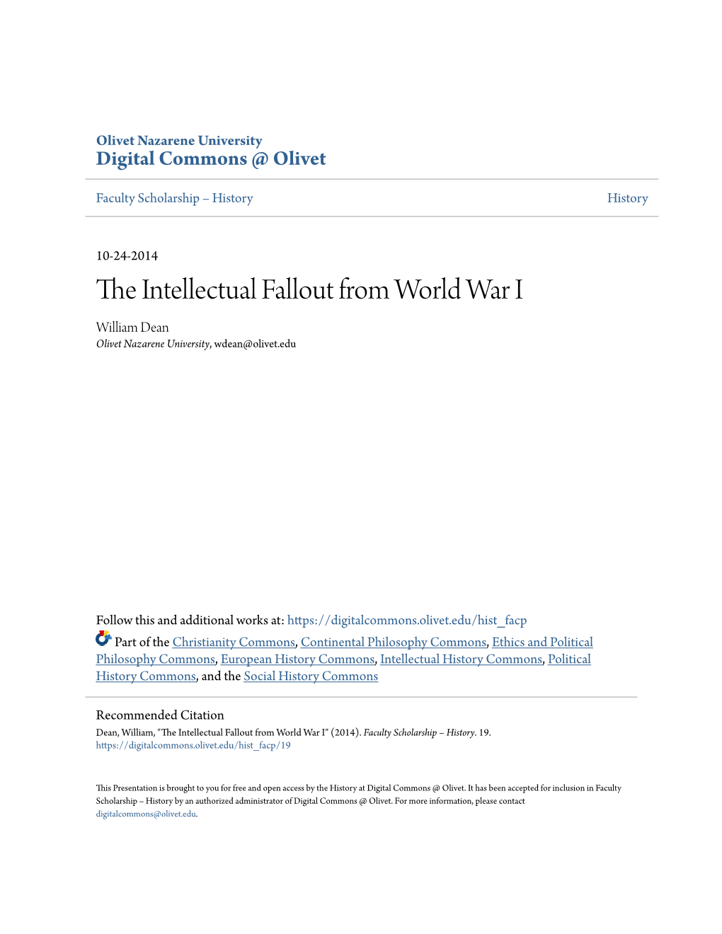 The Intellectual Fallout from World War I As the Context of the Roots Post- Modernism