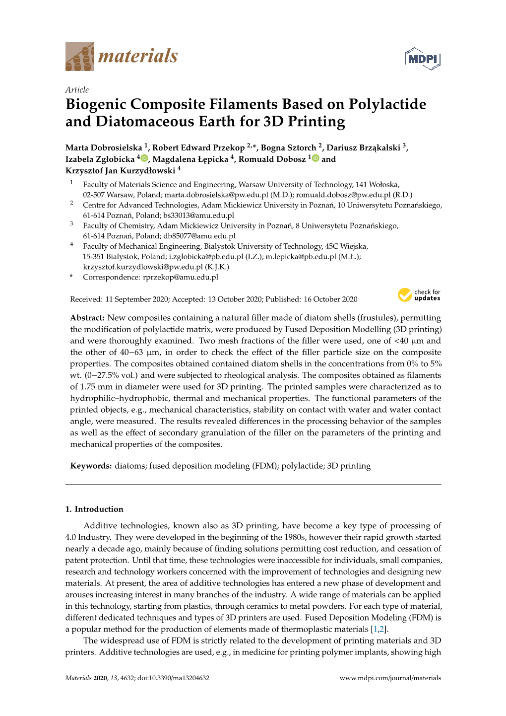 Biogenic Composite Filaments Based on Polylactide and Diatomaceous Earth for 3D Printing