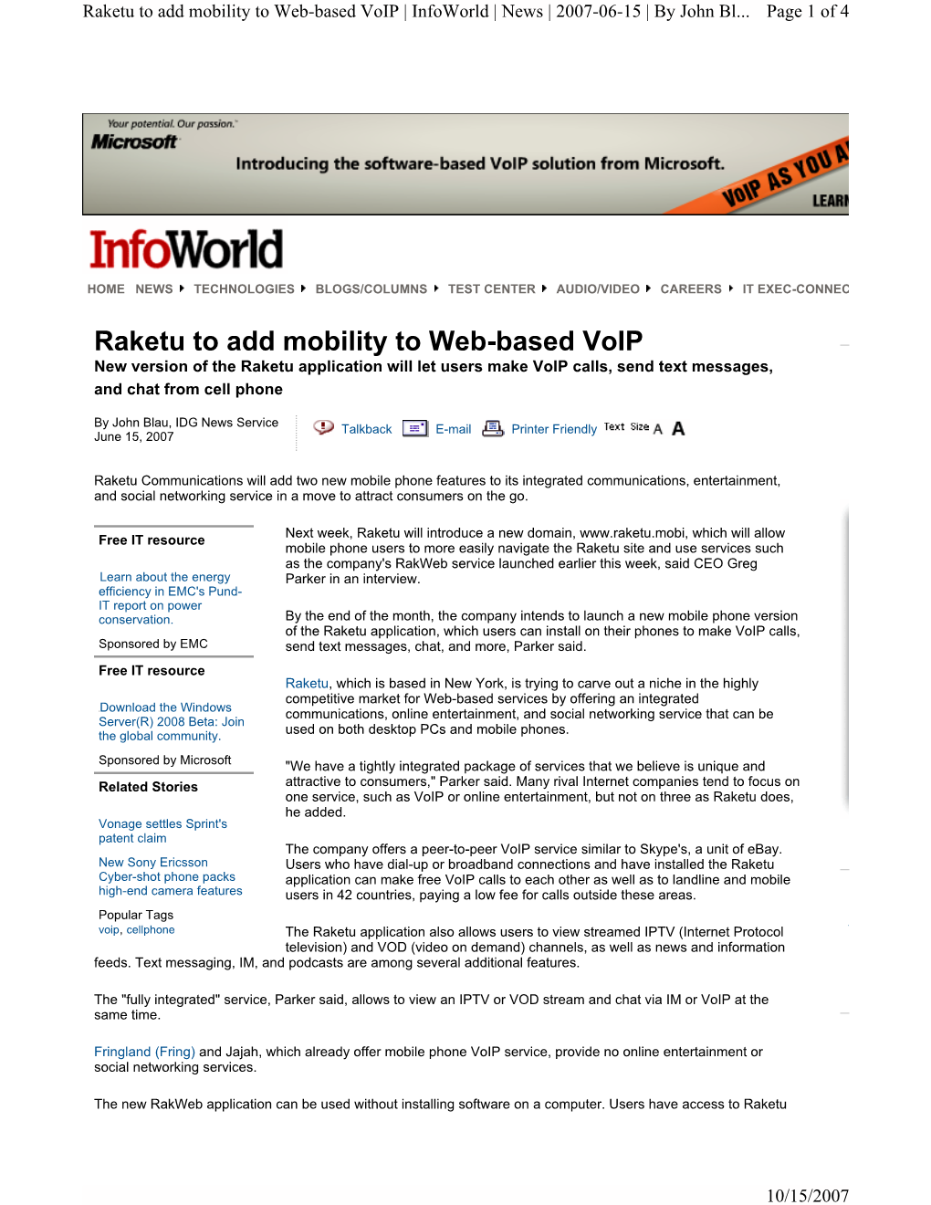 Raketu to Add Mobility to Web-Based Voip | Infoworld | News | 2007-06-15 | by John Bl