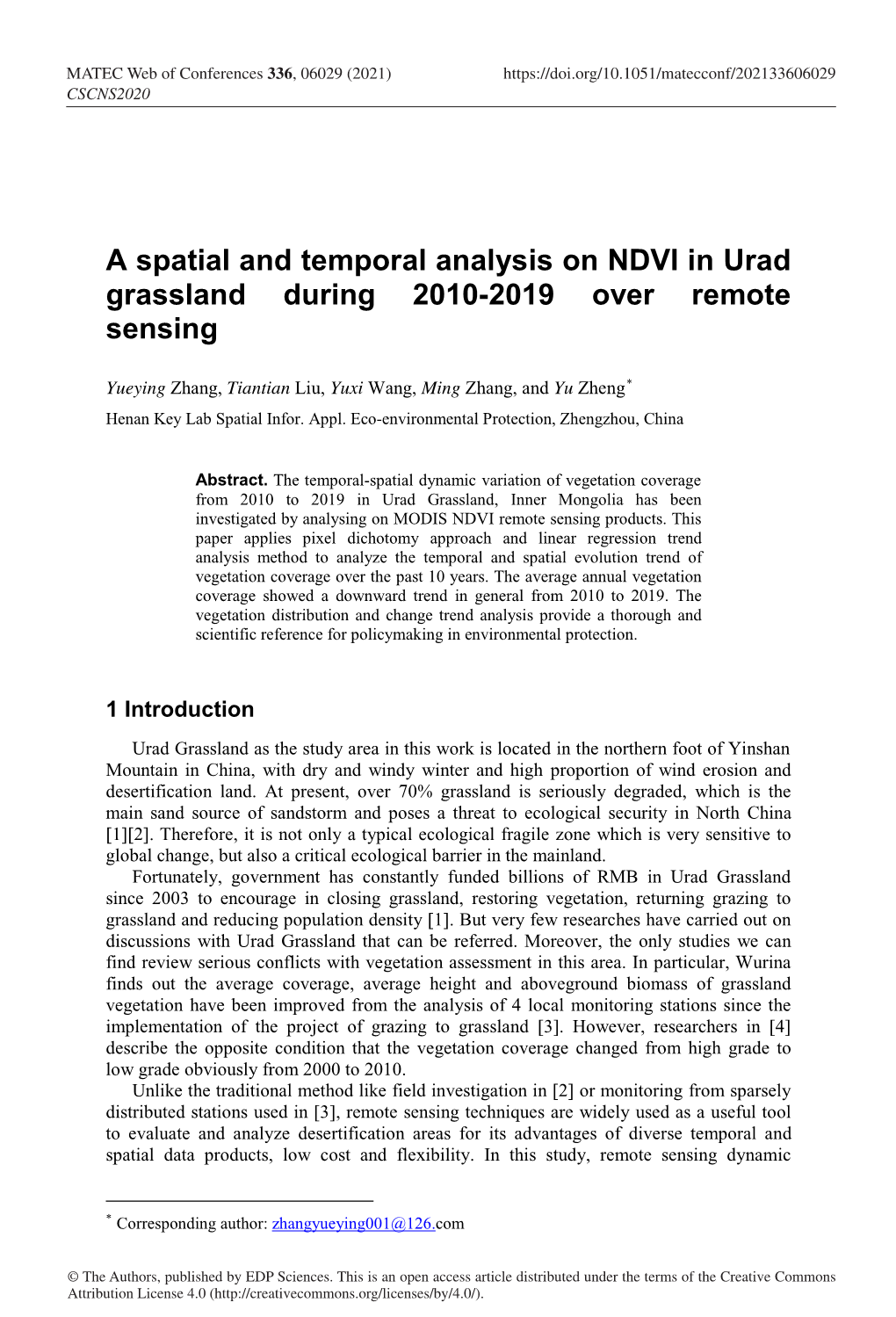 A Spatial and Temporal Analysis on NDVI in Urad Grassland During 2010-2019 Over Remote Sensing