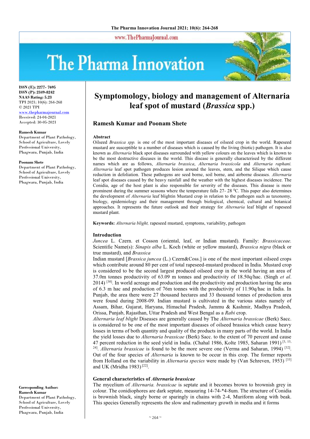 Symptomology, Biology and Management of Alternaria Leaf Spot