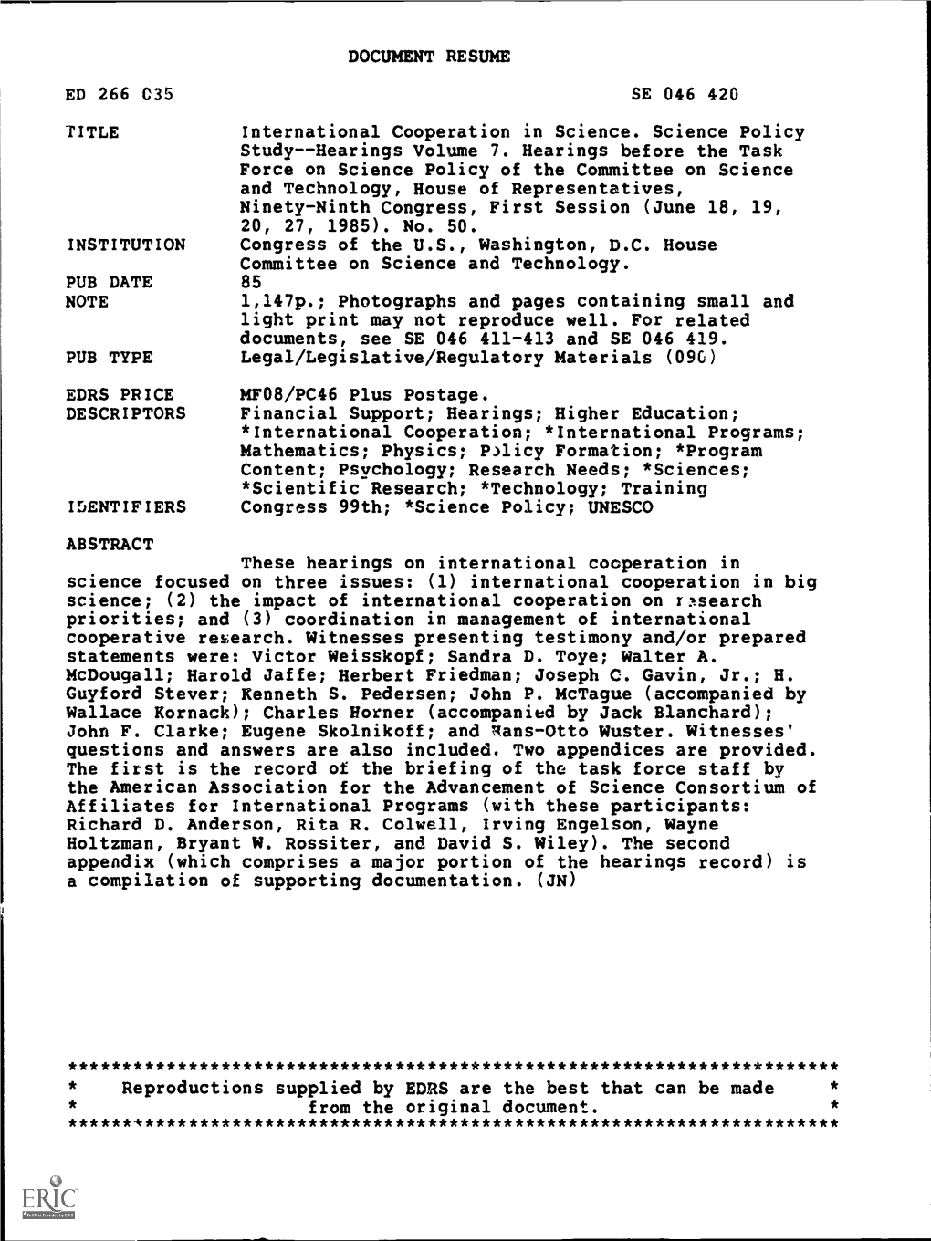 DOCUMENT RESUME ED 266 C35 SE 046 420 International