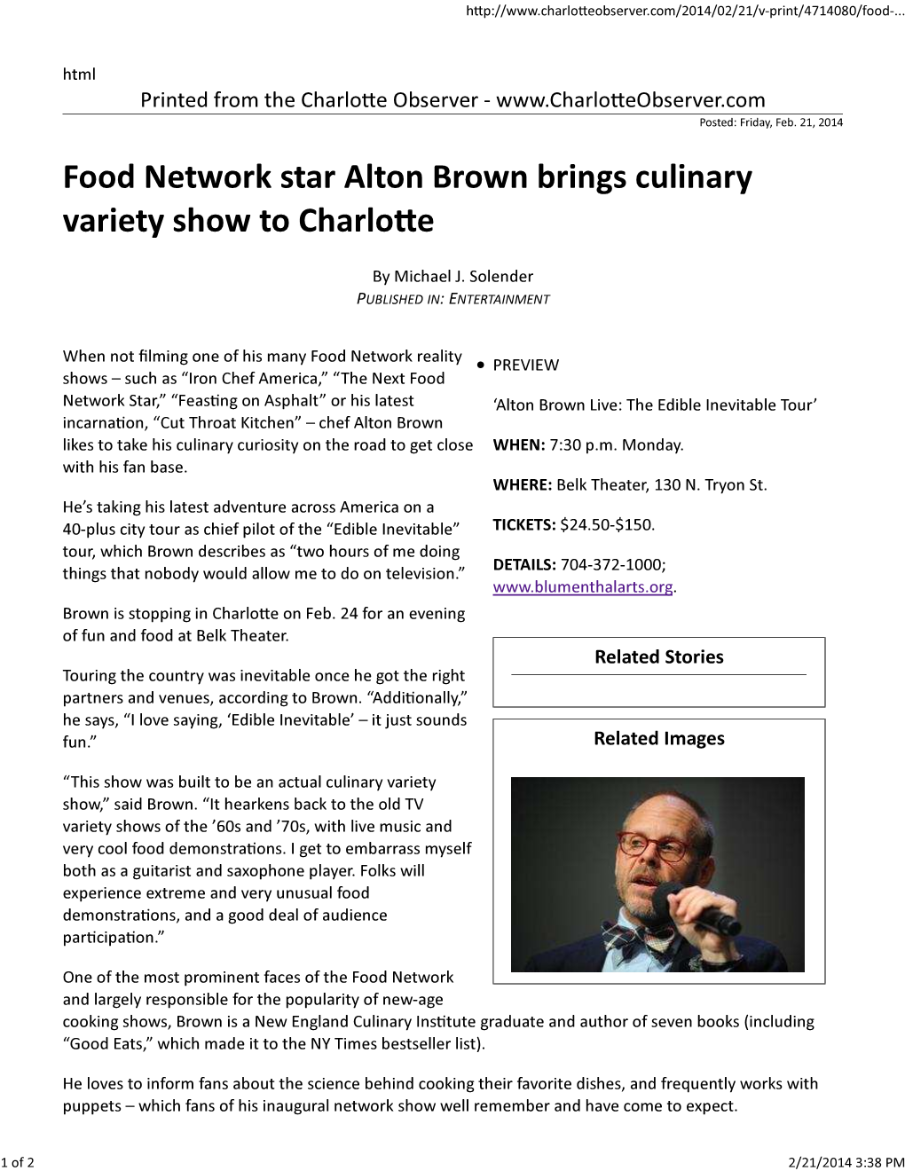 Food Network Star Alton Brown Brings Culinary Variety Show to Charloe