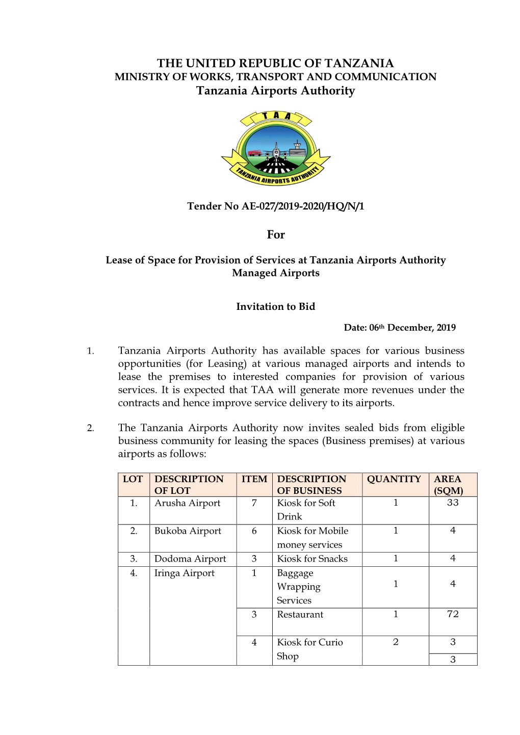 THE UNITED REPUBLIC of TANZANIA Tanzania Airports Authority