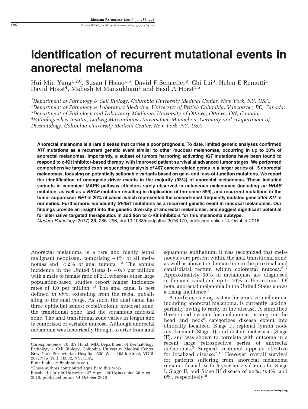 Identification of Recurrent Mutational Events in Anorectal Melanoma