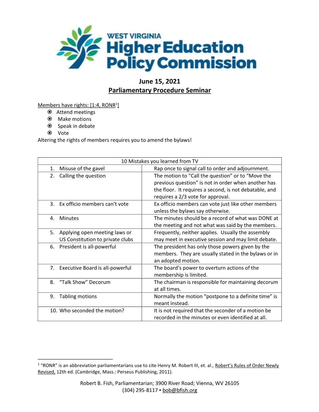 June 15, 2021 Parliamentary Procedure Seminar