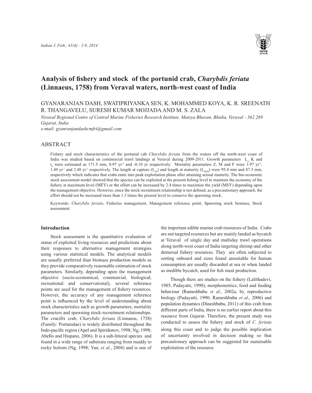 Analysis of Fishery and Stock of the Portunid Crab, Charybdis Feriata (Linnaeus, 1758) from Veraval Waters, North-West Coast of India