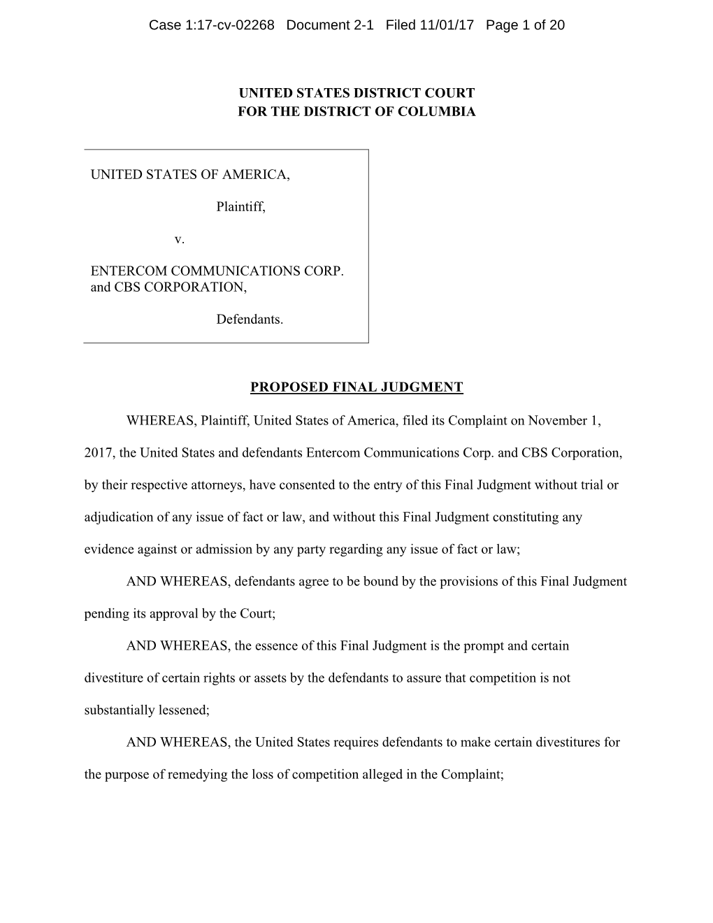 Proposed Final Judgment: U.S. V. Entercom Communications Corp