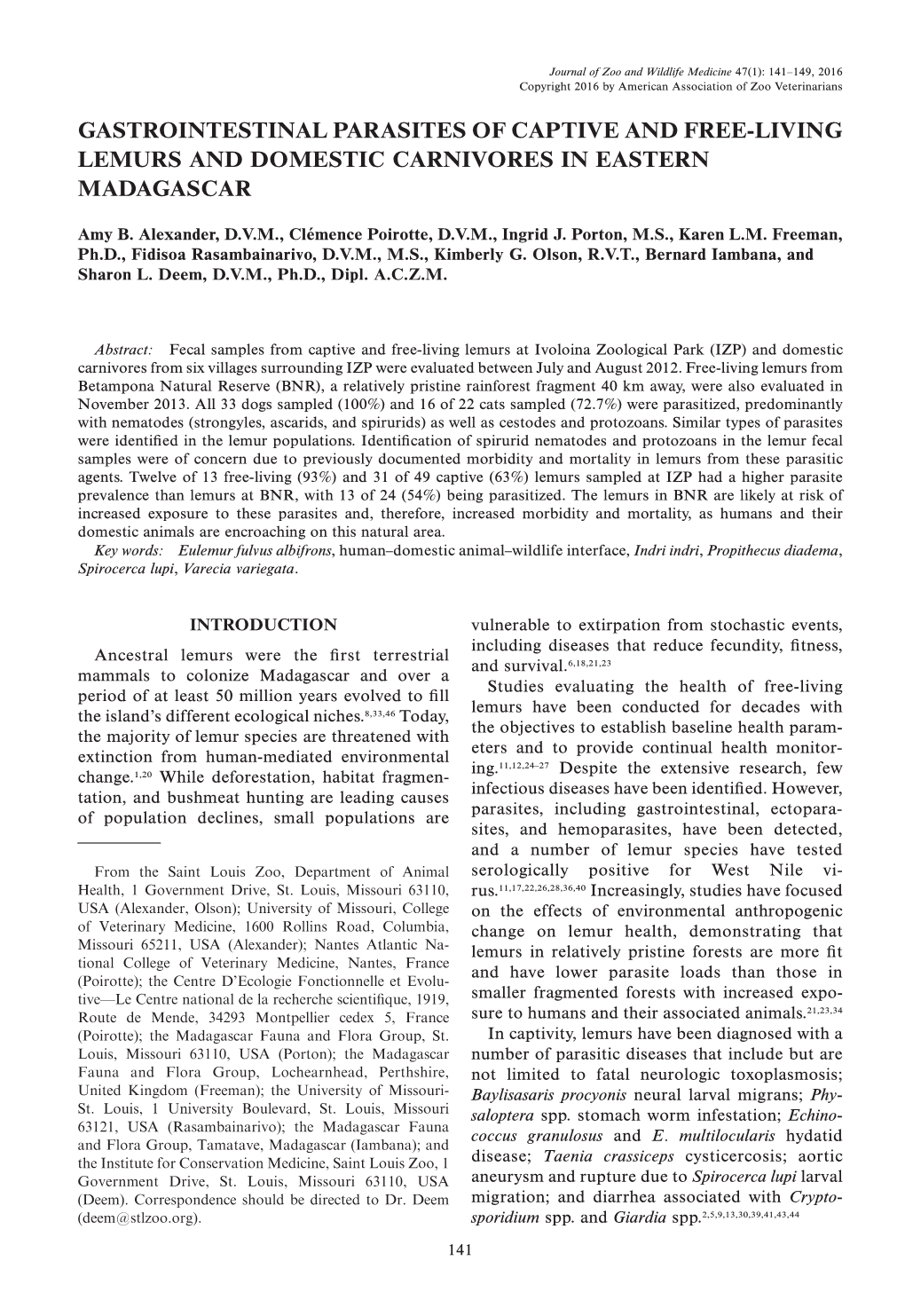 Gastrointestinal Parasites of Captive and Free-Living Lemurs and Domestic Carnivores in Eastern Madagascar