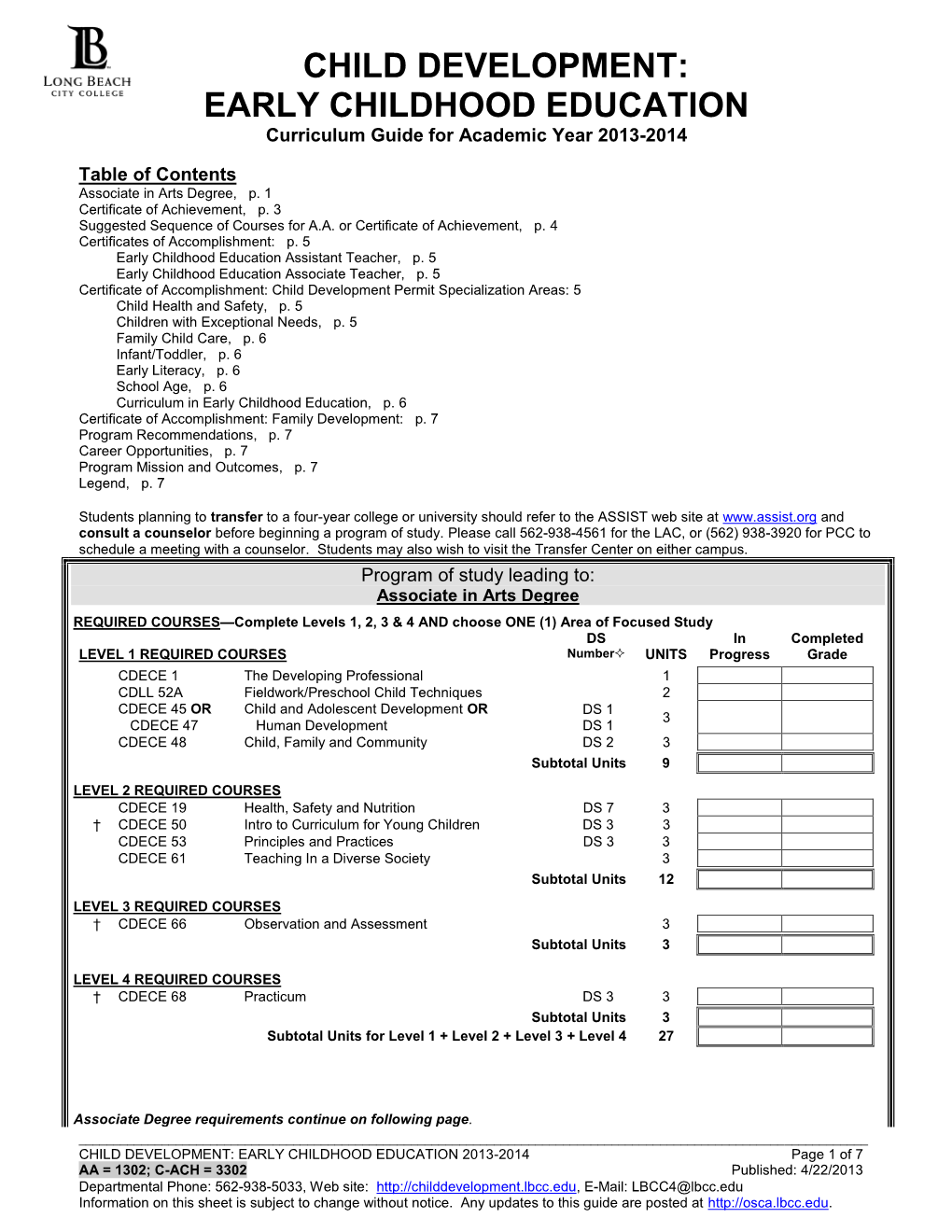 CHILD DEVELOPMENT: EARLY CHILDHOOD EDUCATION Curriculum Guide for Academic Year 2013-2014