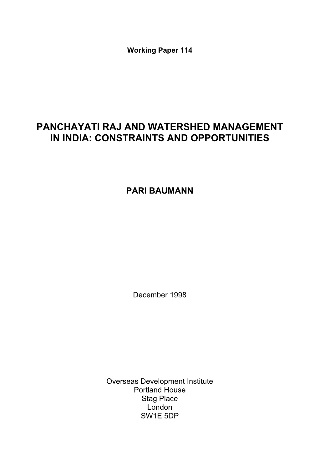 Panchayati Raj and Watershed Management in India: Constraints and Opportunities