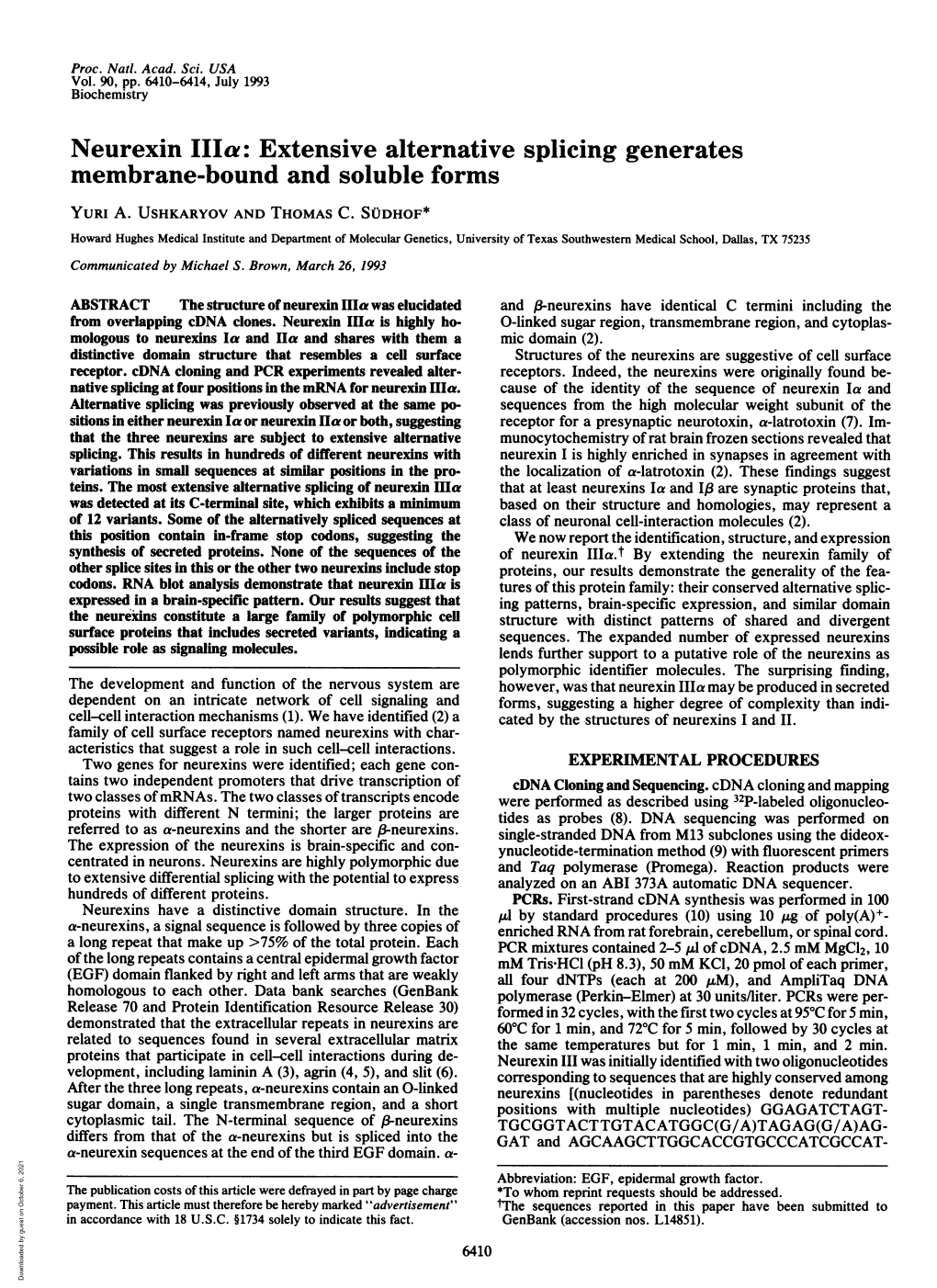 Neurexin Ilia: Extensive Alternative Splicing Generates Membrane-Bound and Soluble Forms Yuri A