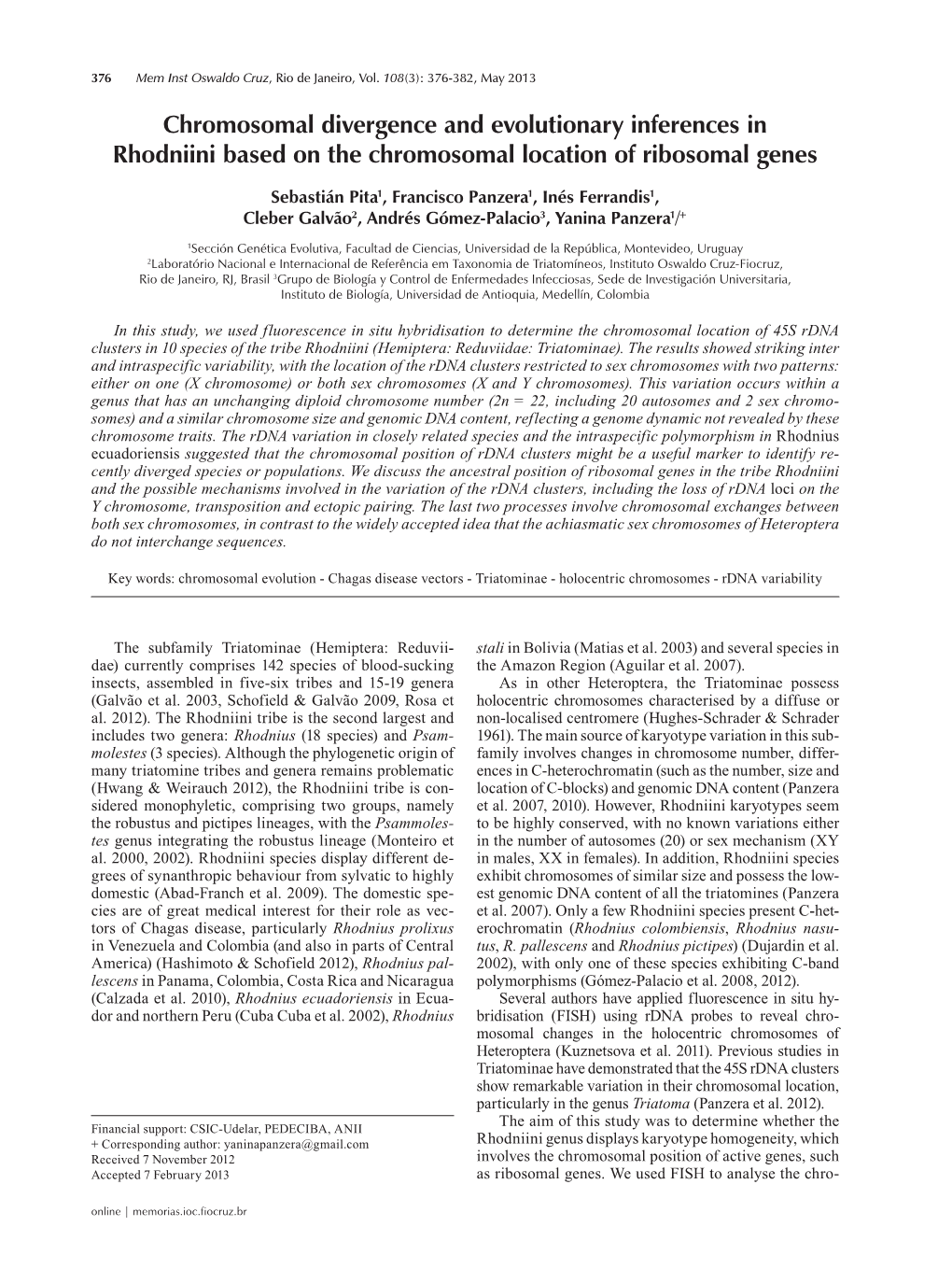 Chromosomal Divergence and Evolutionary Inferences in Rhodniini Based on the Chromosomal Location of Ribosomal Genes