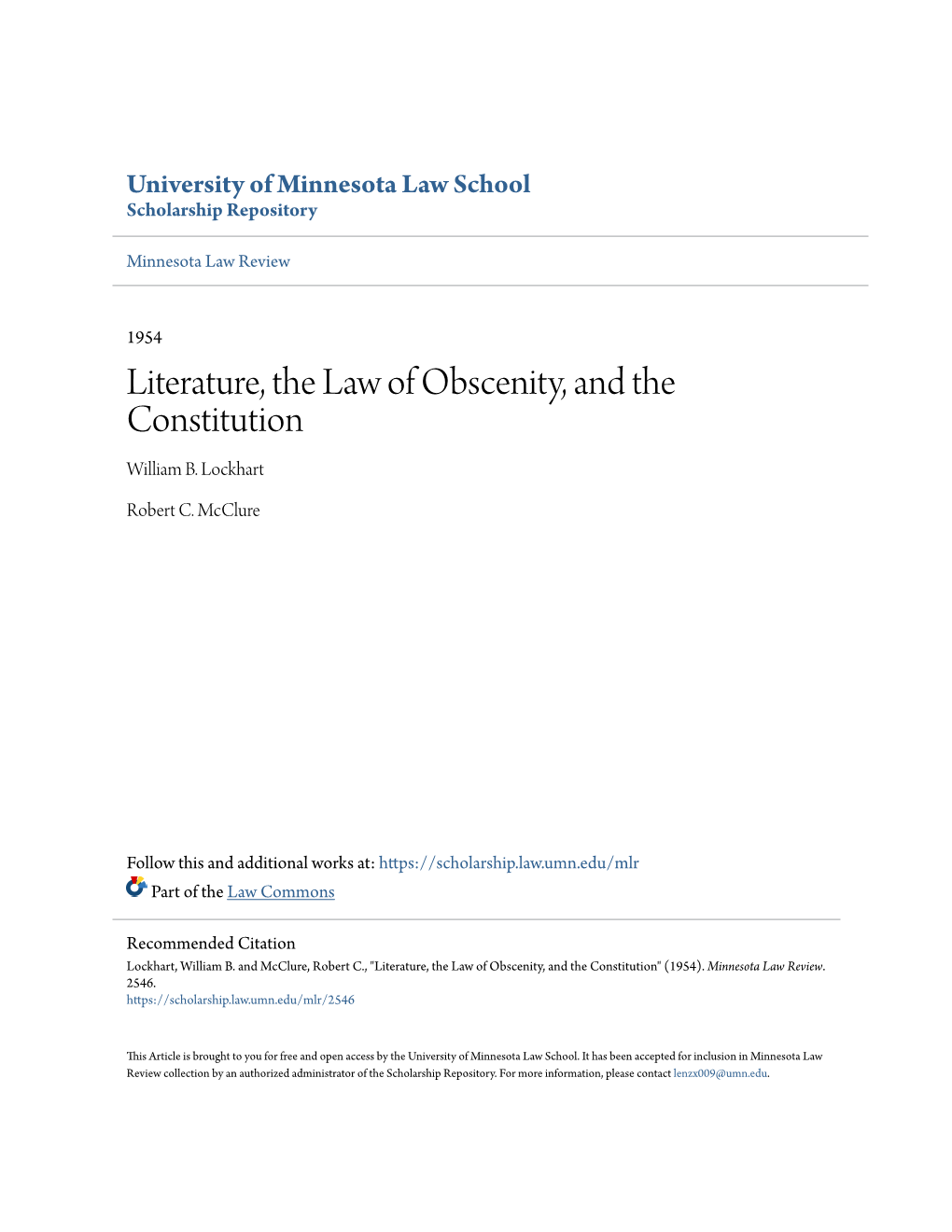 Literature, the Law of Obscenity, and the Constitution William B