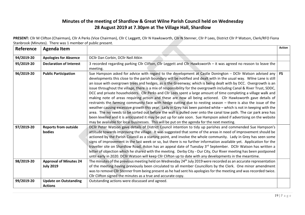 Minutes of the Meeting of Shardlow & Great Wilne Parish Council Held on Wednesday 28 August 2019 at 7.30Pm at the Village Hall, Shardlow