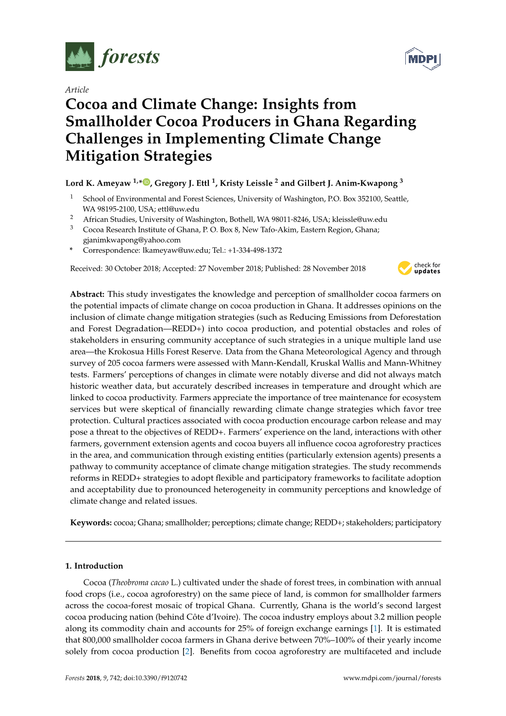 Cocoa and Climate Change: Insights from Smallholder Cocoa Producers in Ghana Regarding Challenges in Implementing Climate Change Mitigation Strategies