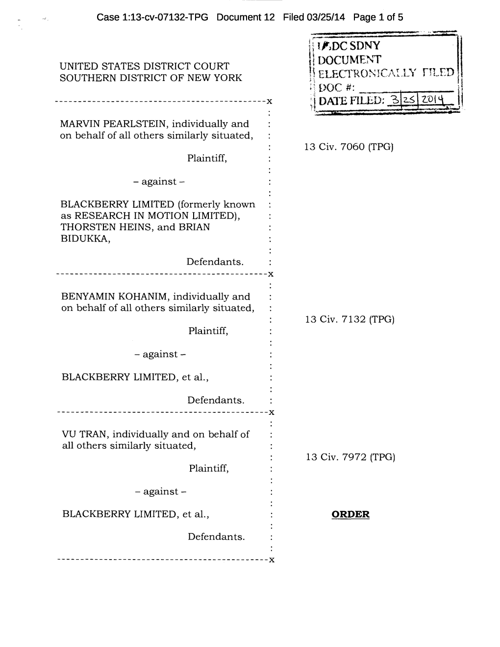 Benyamin Kohanim, Et Al. V. Blackberry Limited, Et Al. 13-CV