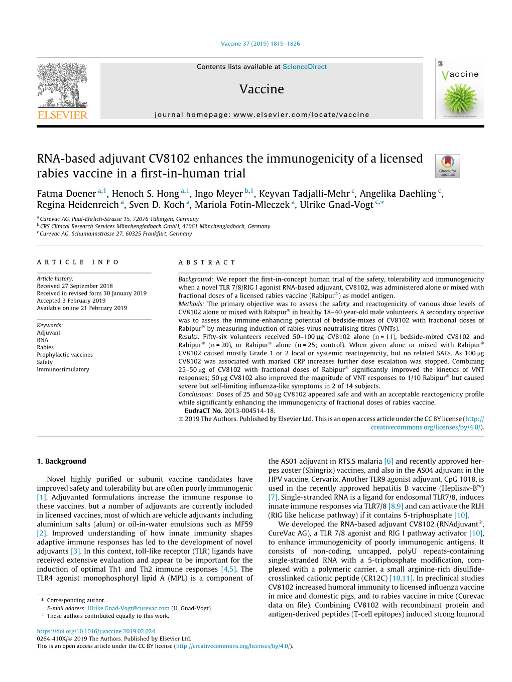 RNA-Based Adjuvant CV8102 Enhances the Immunogenicity of a Licensed Rabies Vaccine in a ﬁrst-In-Human Trial