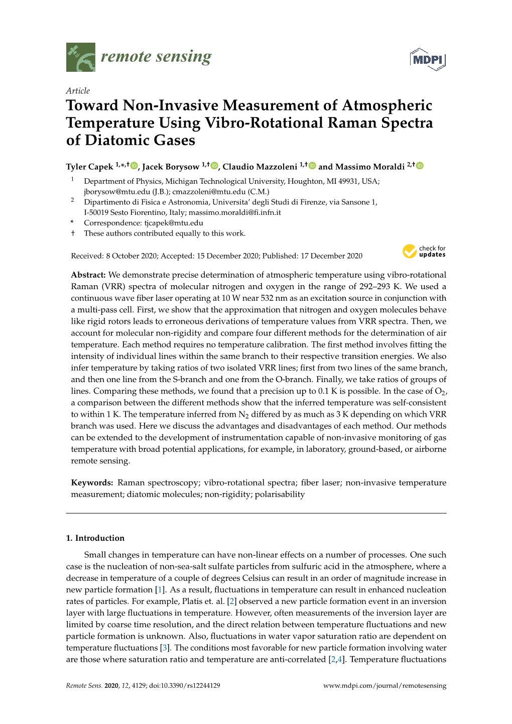 Toward Non-Invasive Measurement of Atmospheric Temperature Using Vibro-Rotational Raman Spectra of Diatomic Gases