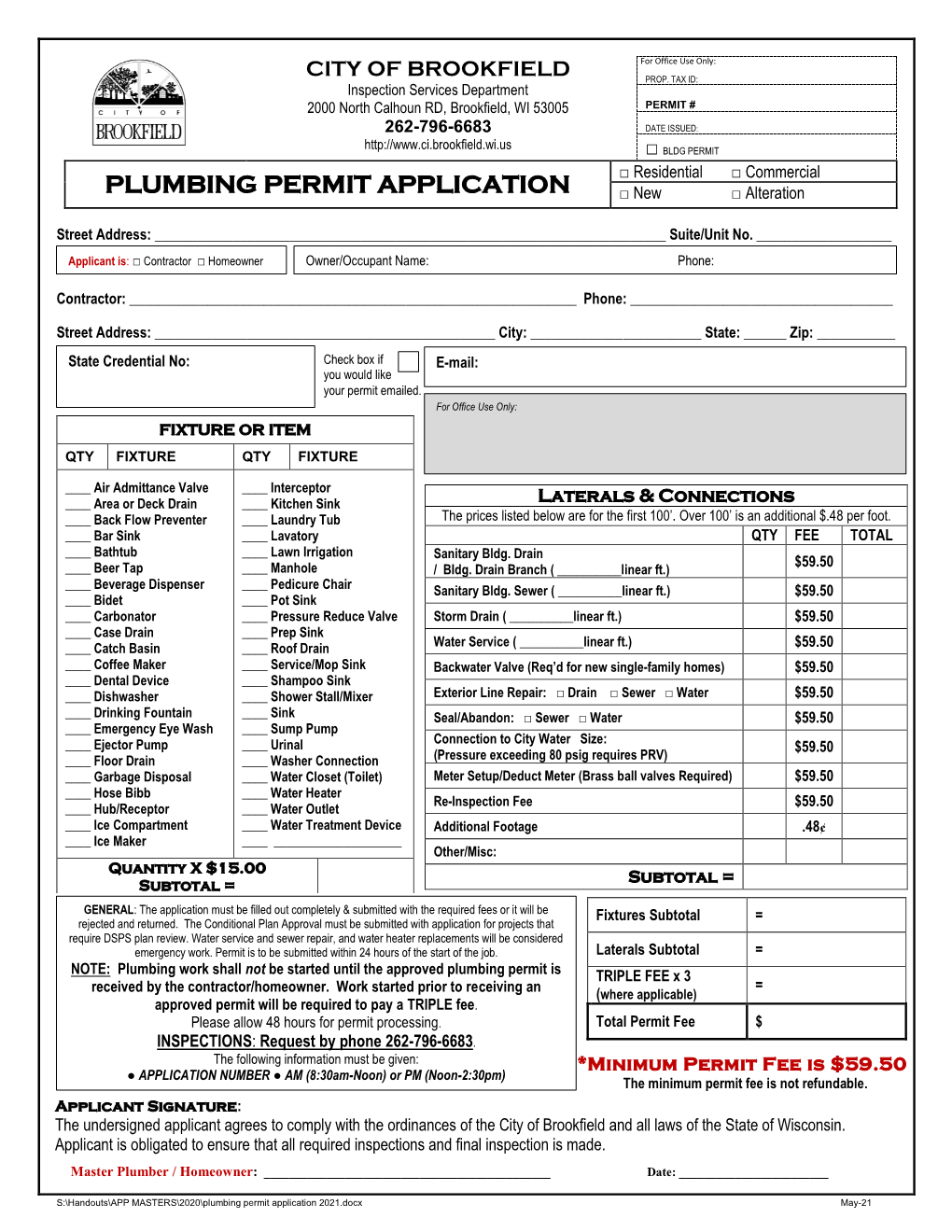 PLUMBING PERMIT APPLICATION □ Residential □ Commercial □ New □ Alteration