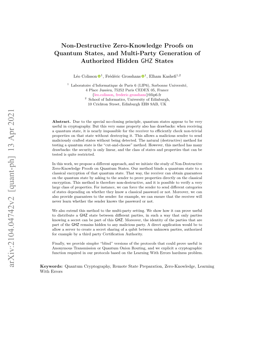 Arxiv:2104.04742V2 [Quant-Ph] 13 Apr 2021 Keywords: Quantum Cryptography, Remote State Preparation, Zero-Knowledge, Learning with Errors Table of Contents