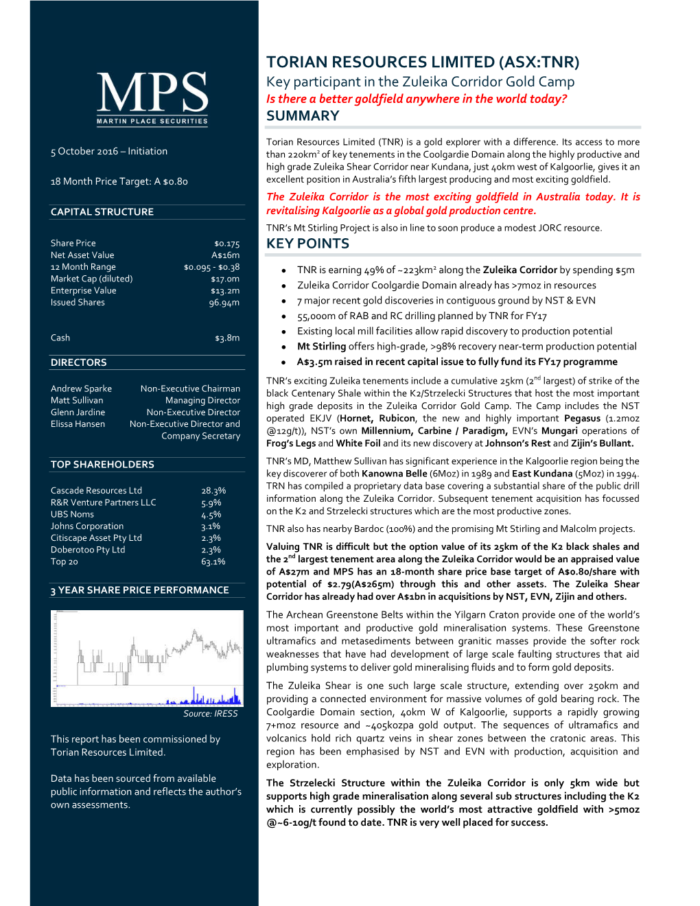 TORIAN RESOURCES LIMITED (ASX:TNR) Key Participant in the Zuleika Corridor Gold Camp Is There a Better Goldfield Anywhere in the World Today? SUMMARY