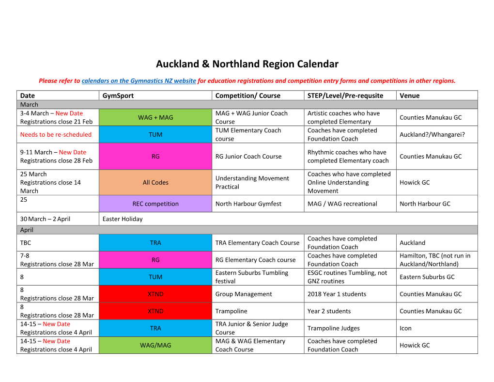 Auckland & Northland Region Calendar