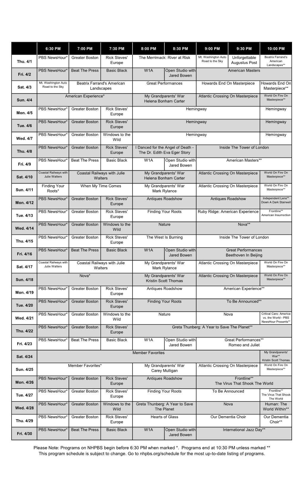 Please Note: Programs on NHPBS Begin Before 6:30 PM When Marked *. Programs End at 10:30 PM Unless Marked ** This Program Schedule Is Subject to Change