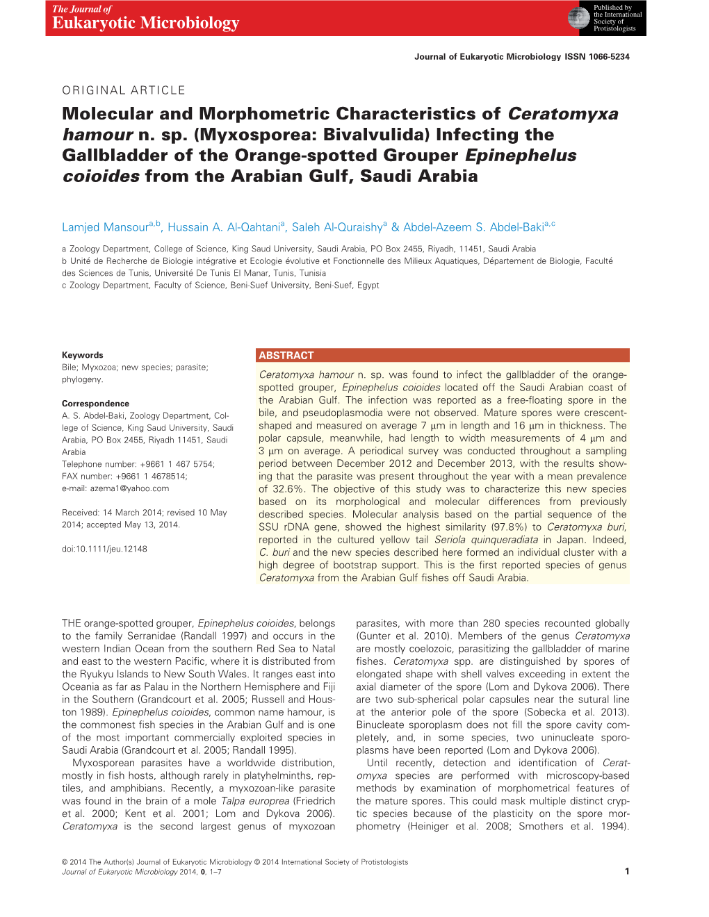 Myxosporea: Bivalvulida) Infecting the Gallbladder of the Orange-Spotted Grouper Epinephelus Coioides from the Arabian Gulf, Saudi Arabia